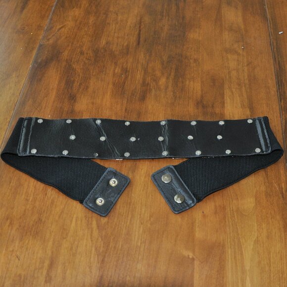 Vintage 90s Stretch Belt Metal X Metallic Gold & Black Leather Elastic XS-S - Picture 6 of 7